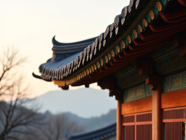 조선 시대 건축물의 우아한 처마와 단청의 세부 모습. 한국 문화의 고귀한 아름다움을 상징합니다.